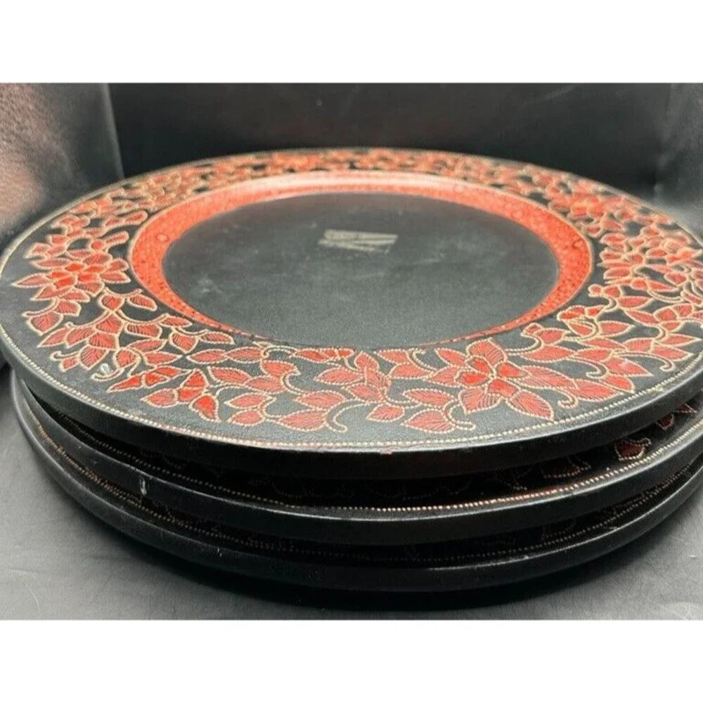 Pier 1 Large Round 13 inch 3 Decorative Wooden Charger Plates Red Black Floral
